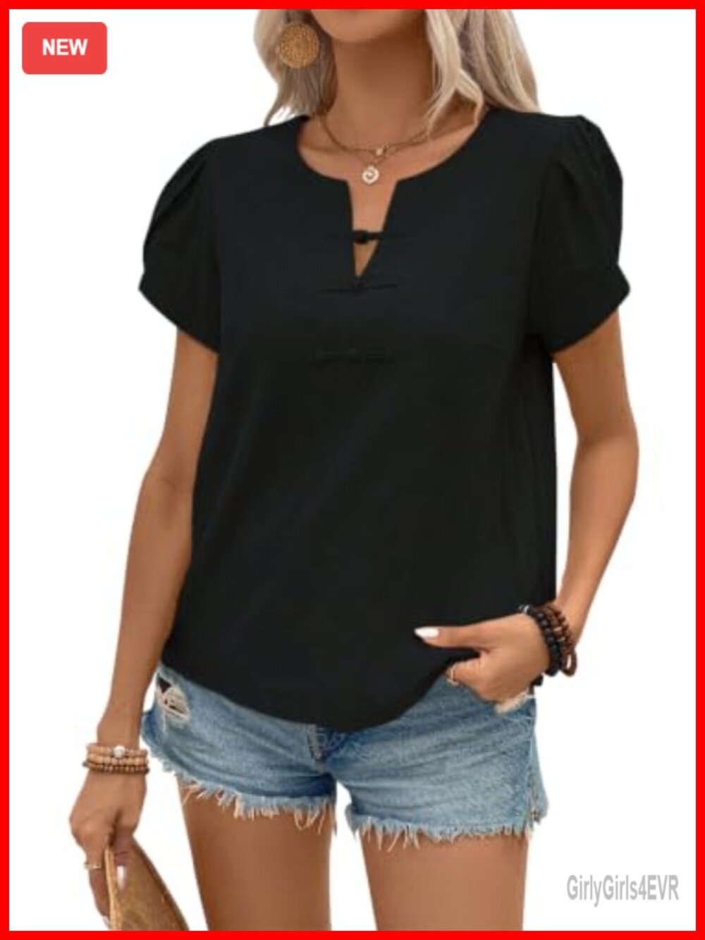 Womens Henley V Neck Petal Sleeve Blouse – Dressy Casual Summer Top